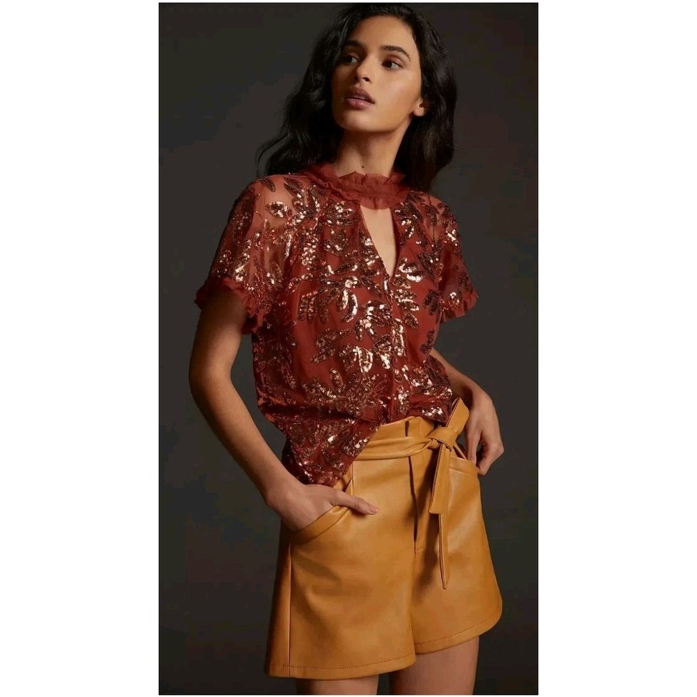 By Anthropologie Womens Size Small Burnt Orange Floral Sequin Cut Out Blouse Top